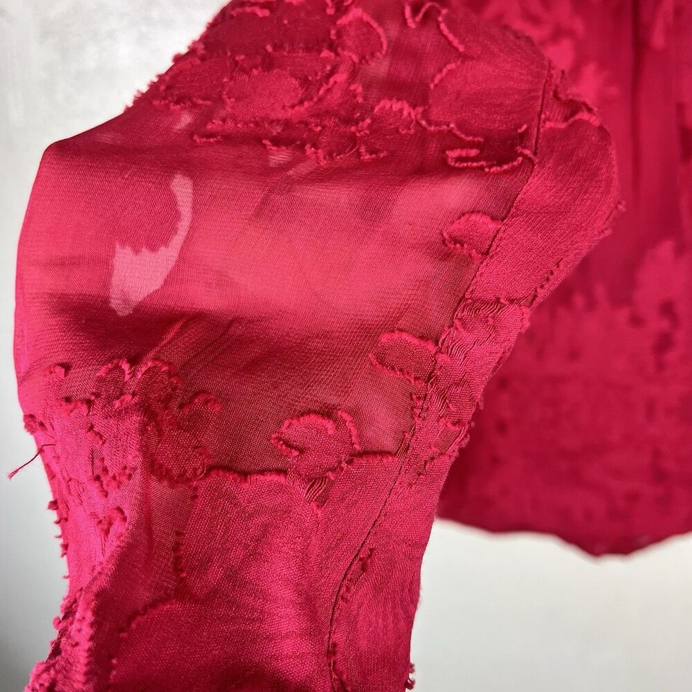Cynthia Rowley Sheer Floral Burnout Blouse XS Berry Red Silk Blend Long Sleeve - Picture 6 of 13